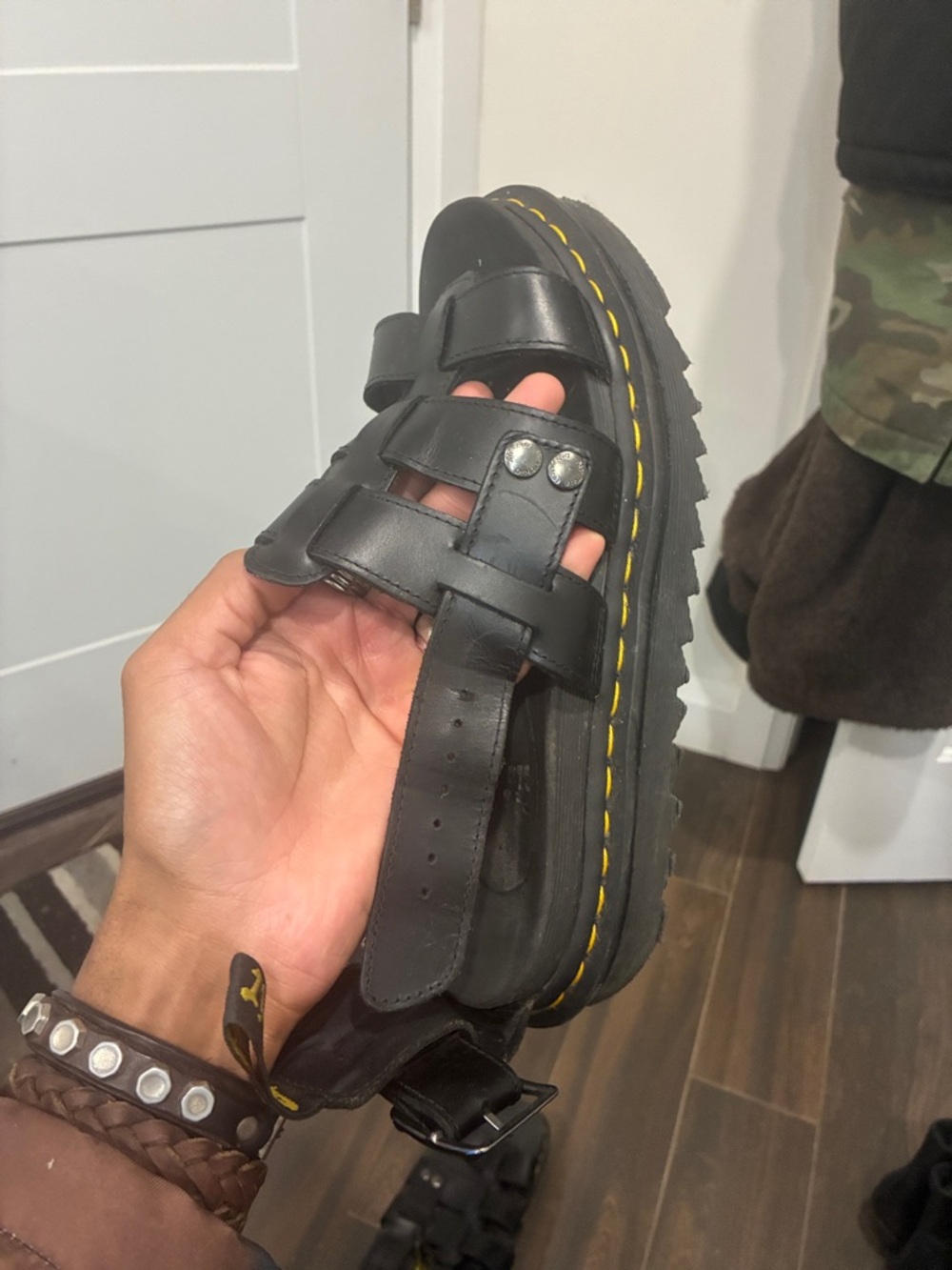 Dr. Martens Black Leather Fisherman Sandals with Yellow Stitching